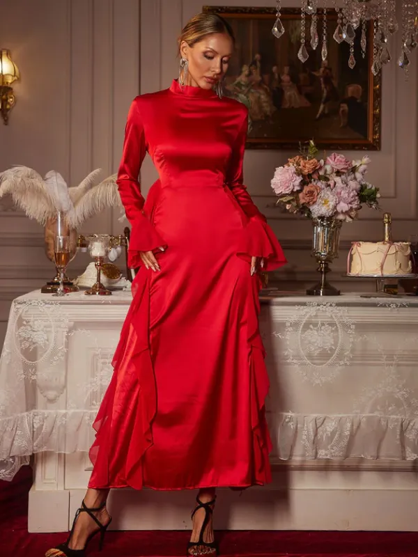 Dresses|Midi Dresses*Mew Mews Fashion Elizabegh Long Sleeve Ruffle Satin Midi Dress