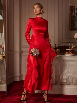 Dresses|Midi Dresses*Mew Mews Fashion Elizabegh Long Sleeve Ruffle Satin Midi Dress