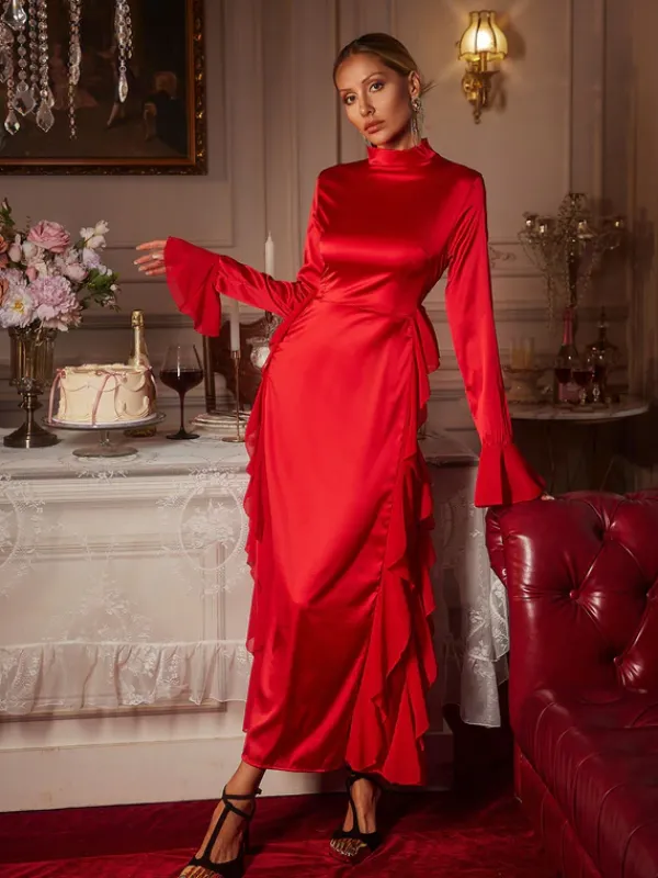 Dresses|Midi Dresses*Mew Mews Fashion Elizabegh Long Sleeve Ruffle Satin Midi Dress