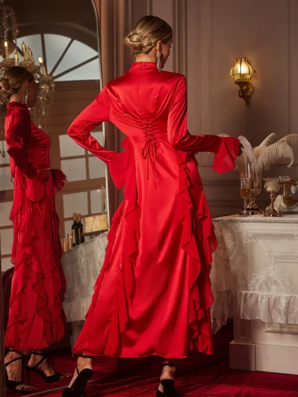 Dresses|Midi Dresses*Mew Mews Fashion Elizabegh Long Sleeve Ruffle Satin Midi Dress