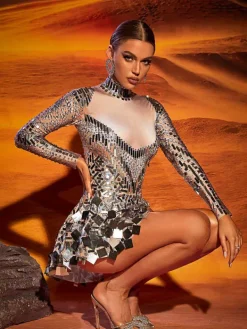 Embellishment|Dresses*Embellishment O/S Ella Long Sleeve Embellished Mini Dress In Silver