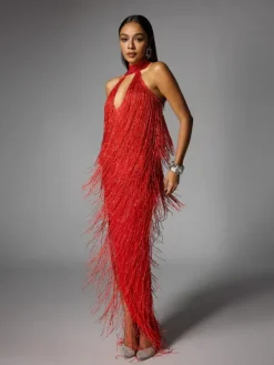 Dresses|Maxi Dresses*W Jia Elvrik Halterneck Fringe Cutout Split Maxi Dress In Red