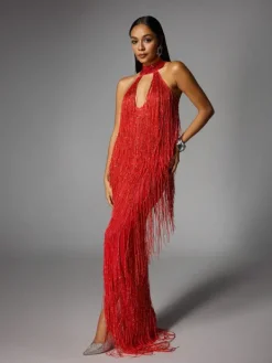 Dresses|Maxi Dresses*W Jia Elvrik Halterneck Fringe Cutout Split Maxi Dress In Red