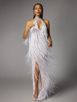 Dresses|Maxi Dresses*W Jia Elvrik Halterneck Fringe Cutout Split Maxi Dress In White