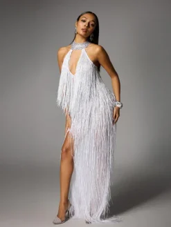 Dresses|Maxi Dresses*W Jia Elvrik Halterneck Fringe Cutout Split Maxi Dress In White