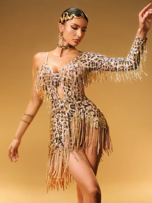 Embellishment|Dresses*Embellishment Elyon Cutout Leopard Fringe Mini Dress