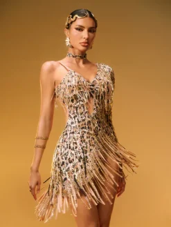 Embellishment|Dresses*Embellishment Elyon Cutout Leopard Fringe Mini Dress