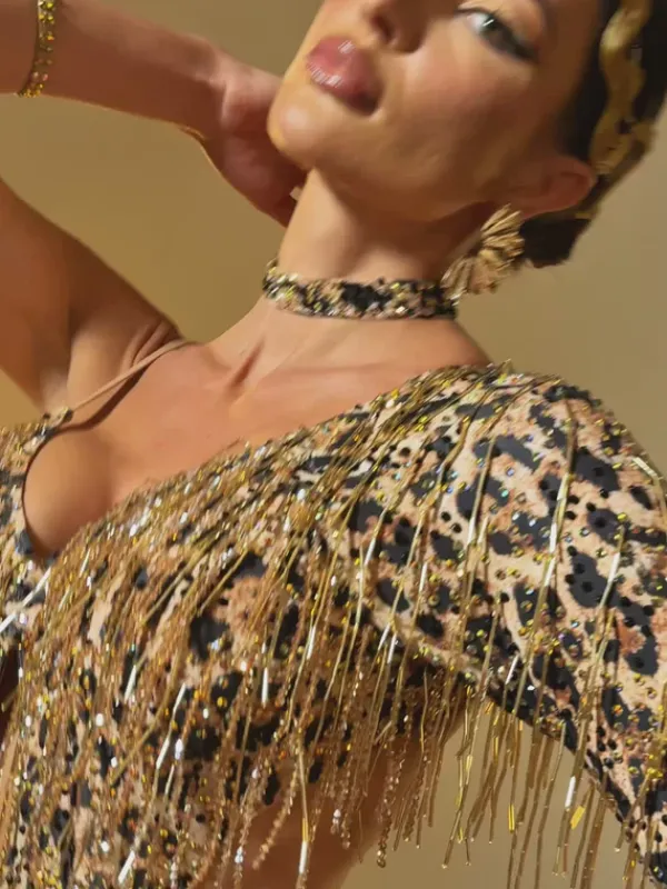 Embellishment|Dresses*Embellishment Elyon Cutout Leopard Fringe Mini Dress