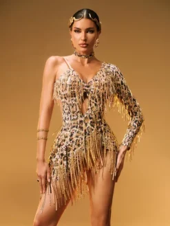 Embellishment|Dresses*Embellishment Elyon Cutout Leopard Fringe Mini Dress