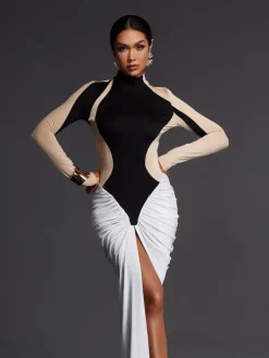 Maxi Dresses|Dresses*Mew Mews Fashion Emmly Long Sleeve Ruched Split Maxi Dress