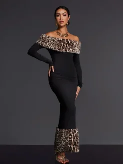 Maxi Dresses|Dresses*Mew Mews Fashion Emms Off Shoulder Leopard Maxi Dress