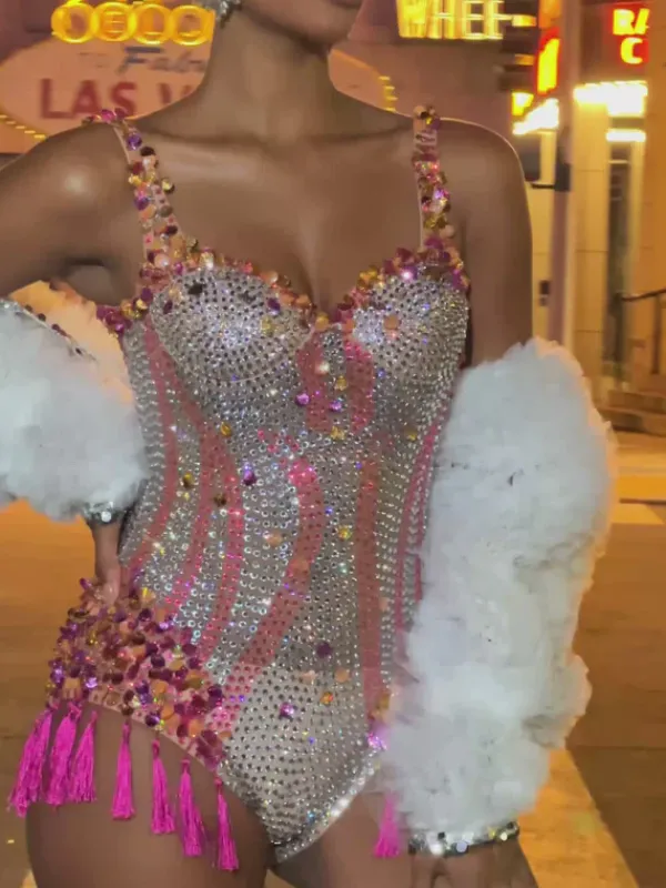 Bodysuits|Embellishment*Embellishment Eoin Rhinestone Fringe Bodysuit In Pink