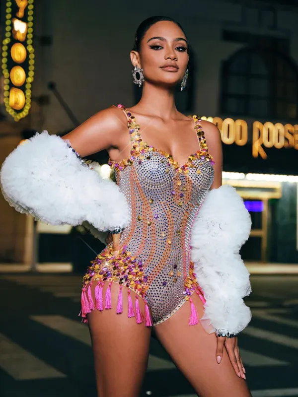 Bodysuits|Embellishment*Embellishment Eoin Rhinestone Fringe Bodysuit In Pink