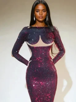 Dresses|Maxi Dresses*Jiu Bajia O/S Eorland Long Sleeve Rhinestone Maxi Dress