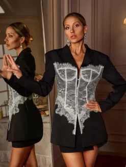 Coats & Jackets|Blazers*Mew Mews Fashion Eormenburh Deconstructed Lace Lapel Blazer In Black
