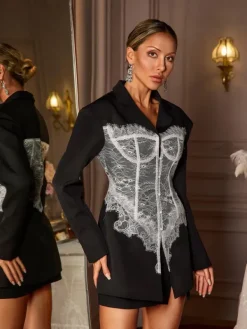 Coats & Jackets|Blazers*Mew Mews Fashion Eormenburh Deconstructed Lace Lapel Blazer In Black