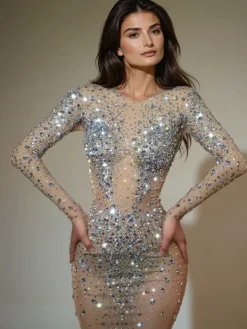 Dresses|Maxi Dresses*Jiu Bajia O/S Eormengard Long Sleeve Rhinestone Maxi Dress In Nude