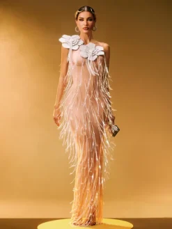 Embellishment|Maxi Dresses*Lu Yili Ephira Crystal Flower Fringe Maxi Dress