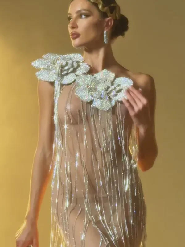 Embellishment|Maxi Dresses*Lu Yili Ephira Crystal Flower Fringe Maxi Dress