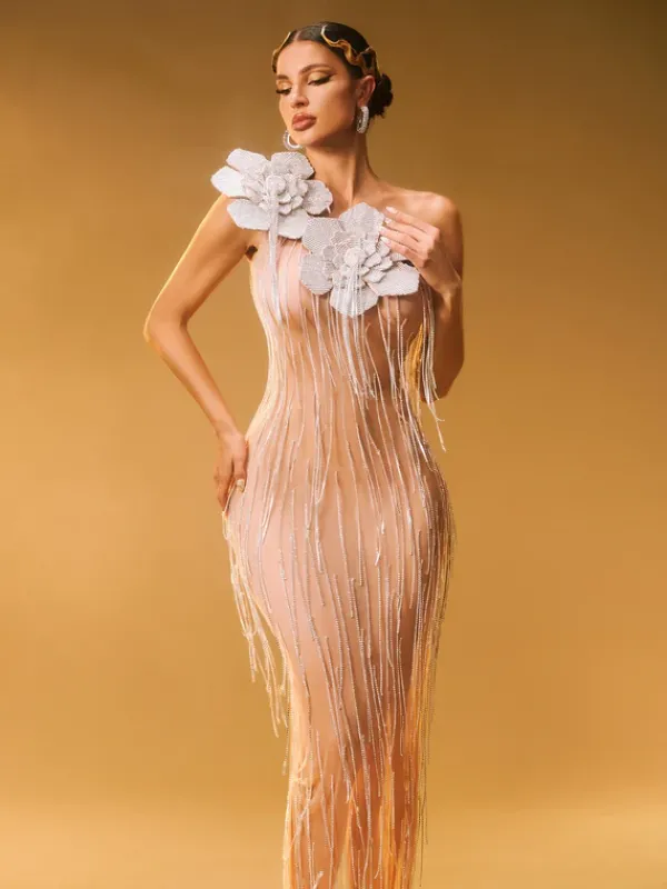 Embellishment|Maxi Dresses*Lu Yili Ephira Crystal Flower Fringe Maxi Dress