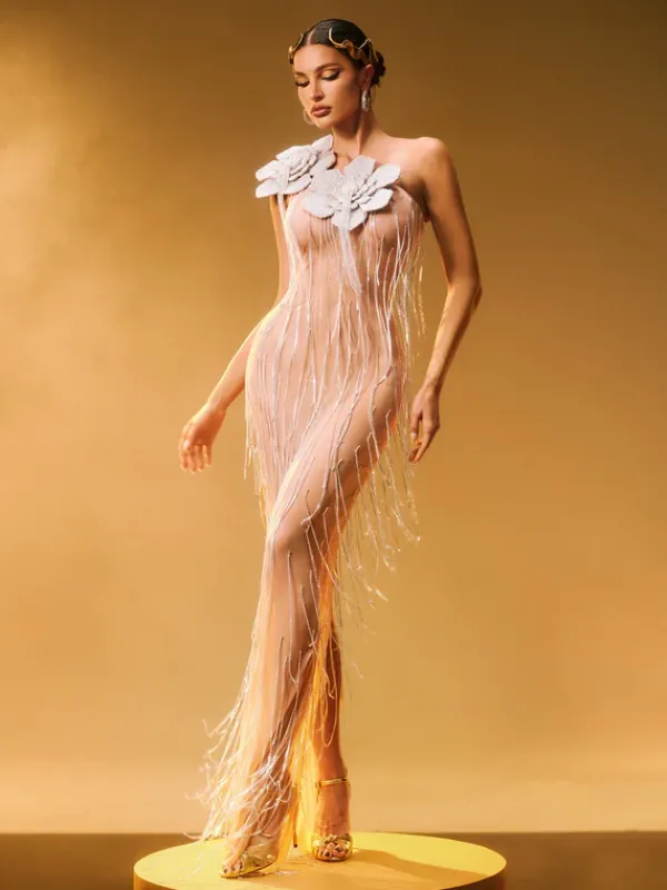 Embellishment|Maxi Dresses*Lu Yili Ephira Crystal Flower Fringe Maxi Dress
