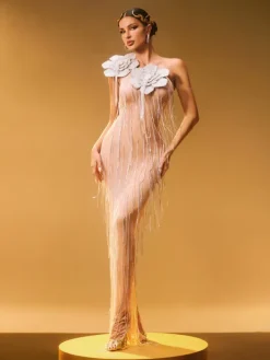 Embellishment|Maxi Dresses*Lu Yili Ephira Crystal Flower Fringe Maxi Dress