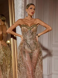 Dresses|Maxi Dresses*Jiu Bajia O/S Ephram Strapless Rhinestone Sequin Dress In Gold