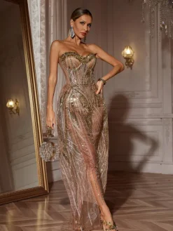 Dresses|Maxi Dresses*Jiu Bajia O/S Ephram Strapless Rhinestone Sequin Dress In Gold
