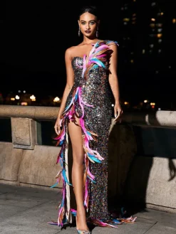 Embellishment|Dresses*Embellishment Ernest Strapless Feather Split Sequin Dress