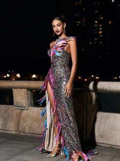 Embellishment|Dresses*Embellishment Ernest Strapless Feather Split Sequin Dress