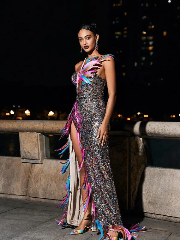 Embellishment|Dresses*Embellishment Ernest Strapless Feather Split Sequin Dress