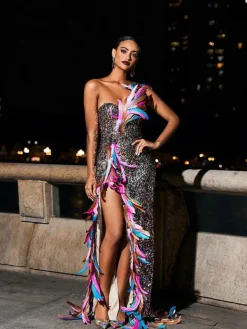 Embellishment|Dresses*Embellishment Ernest Strapless Feather Split Sequin Dress
