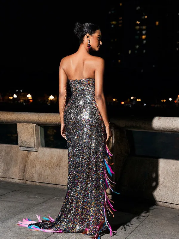 Embellishment|Dresses*Embellishment Ernest Strapless Feather Split Sequin Dress