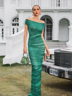 Dresses|Maxi Dresses*W Jia Eryx Off Shoulder Rhinestone Mesh Maxi Dress In Green