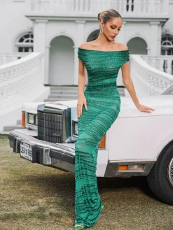 Dresses|Maxi Dresses*W Jia Eryx Off Shoulder Rhinestone Mesh Maxi Dress In Green