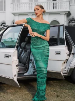 Dresses|Maxi Dresses*W Jia Eryx Off Shoulder Rhinestone Mesh Maxi Dress In Green