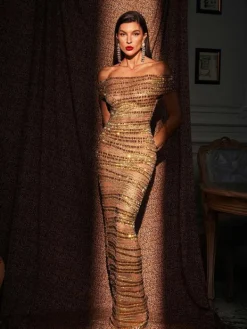 Embellishment|Dresses*Embellishment Eryx Off Shoulder Rhinestone Mesh Maxi Dress