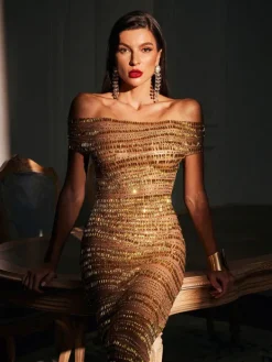 Embellishment|Dresses*Embellishment Eryx Off Shoulder Rhinestone Mesh Maxi Dress