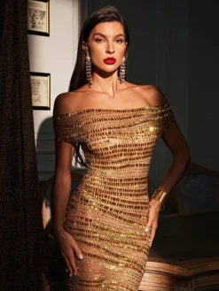 Embellishment|Dresses*Embellishment Eryx Off Shoulder Rhinestone Mesh Maxi Dress
