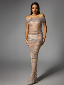 Dresses|Maxi Dresses*W Jia Eryx Off Shoulder Rhinestone Mesh Maxi Dress In Nude