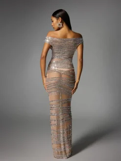 Dresses|Maxi Dresses*W Jia Eryx Off Shoulder Rhinestone Mesh Maxi Dress In Nude