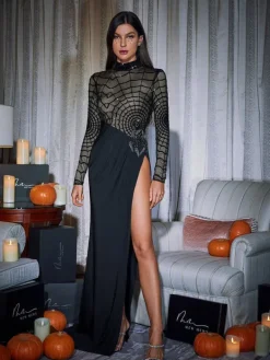 Dresses|Maxi Dresses*Mew Mews Fashion Esmeree Long Sleeve Cobweb Sequin Split Dress