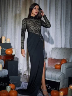Dresses|Maxi Dresses*Mew Mews Fashion Esmeree Long Sleeve Cobweb Sequin Split Dress