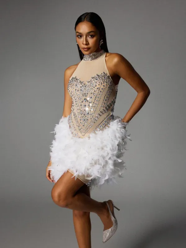 Embellishment|Dresses*Embellishment Eszra Halterneck Rhinestone Feather Sequin Mini Dress