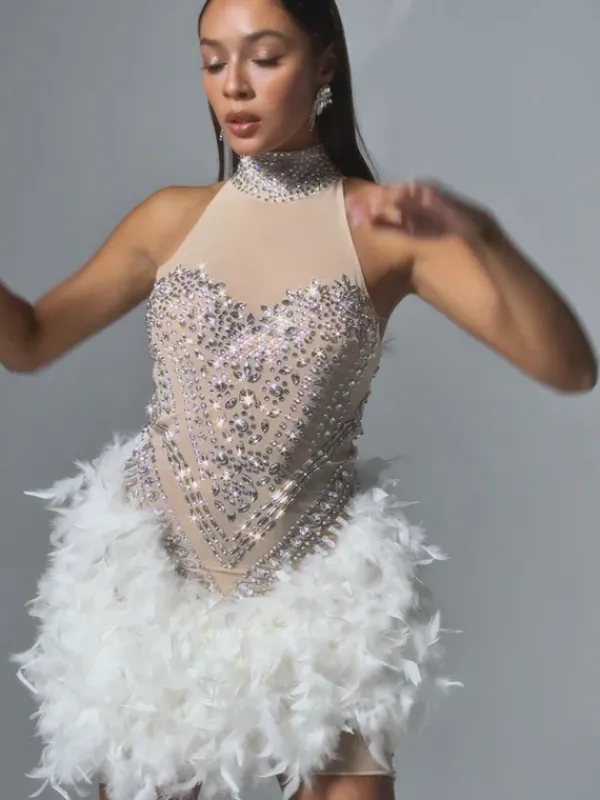 Embellishment|Dresses*Embellishment Eszra Halterneck Rhinestone Feather Sequin Mini Dress