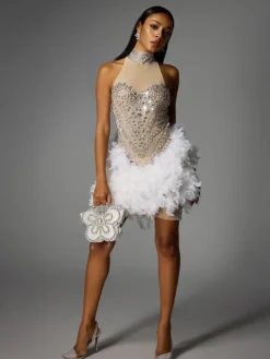 Embellishment|Dresses*Embellishment Eszra Halterneck Rhinestone Feather Sequin Mini Dress