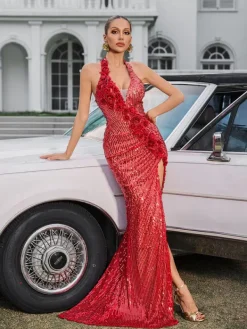 Embellishment|Dresses*Lu Yili Evorine Halterneck Embellished Flower Split Maxi Dress