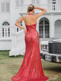 Embellishment|Dresses*Lu Yili Evorine Halterneck Embellished Flower Split Maxi Dress