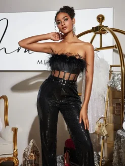 Jumpsuits & Romper*Mew Mews Fashion Faro Feather Sequin Jumpsuit