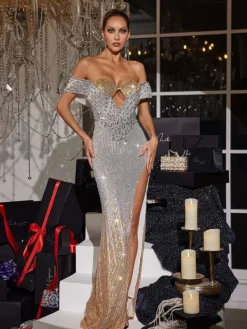 Embellishment|Dresses*Lu Yili Fawon Off Shoulder Cutout Sequin Maxi Dress